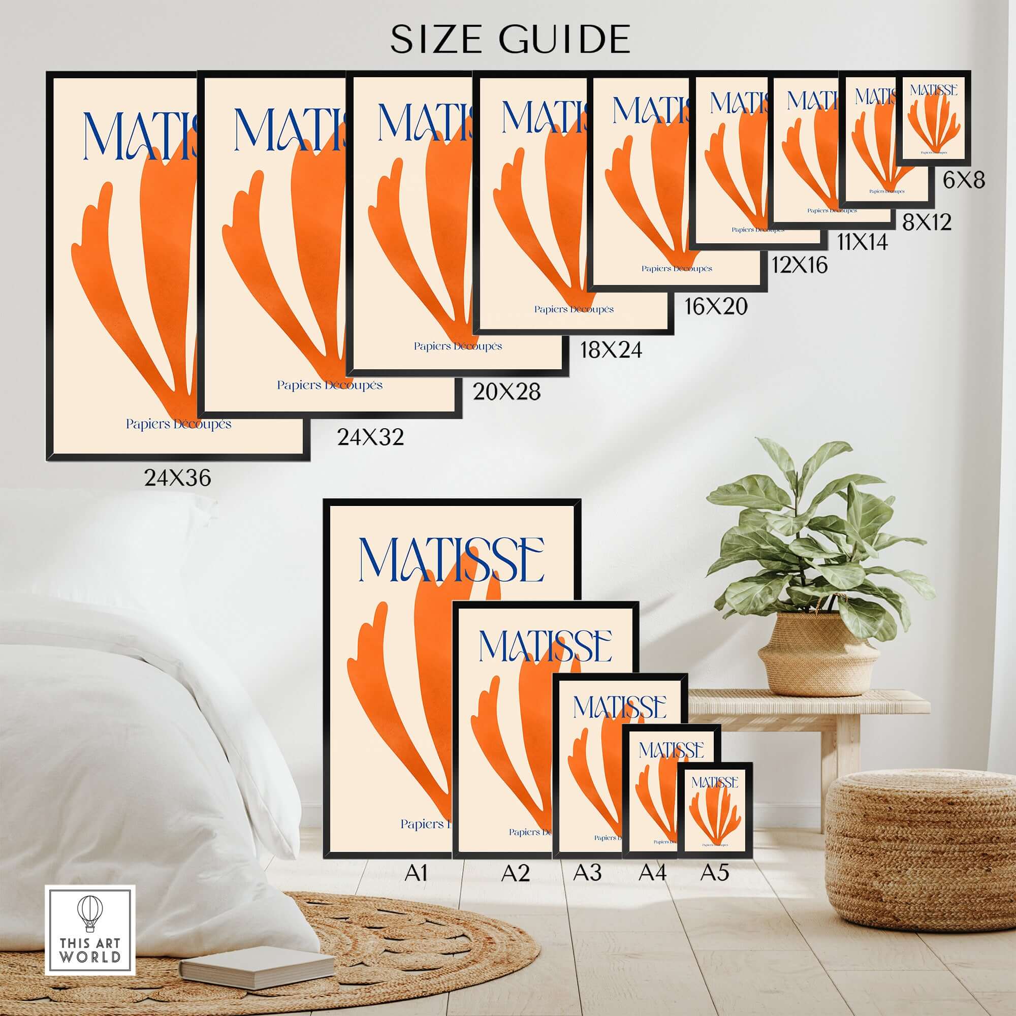 Matisse Papiers Découpés Orange Abstract Botanical Cut Out Art Print size guide with various frame sizes.