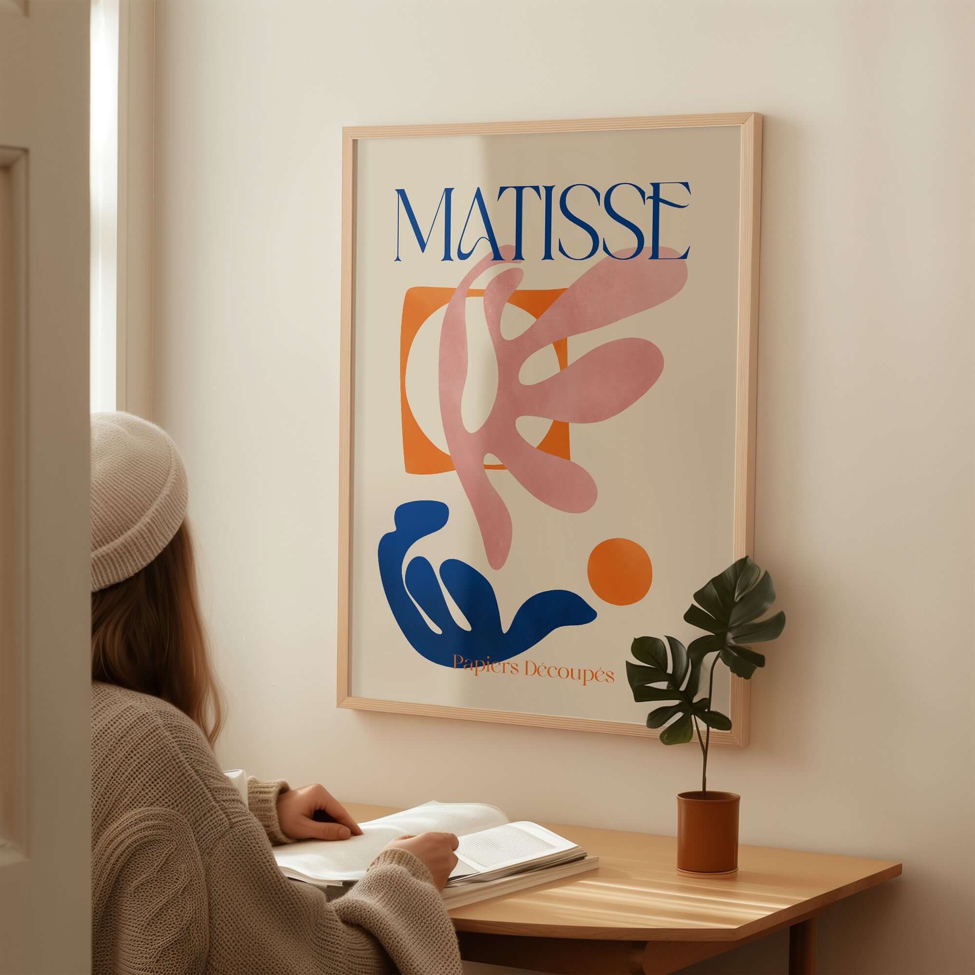 Matisse Papiers Découpés Pink Blue Abstract Art Print showcased in a modern home decor setting.
