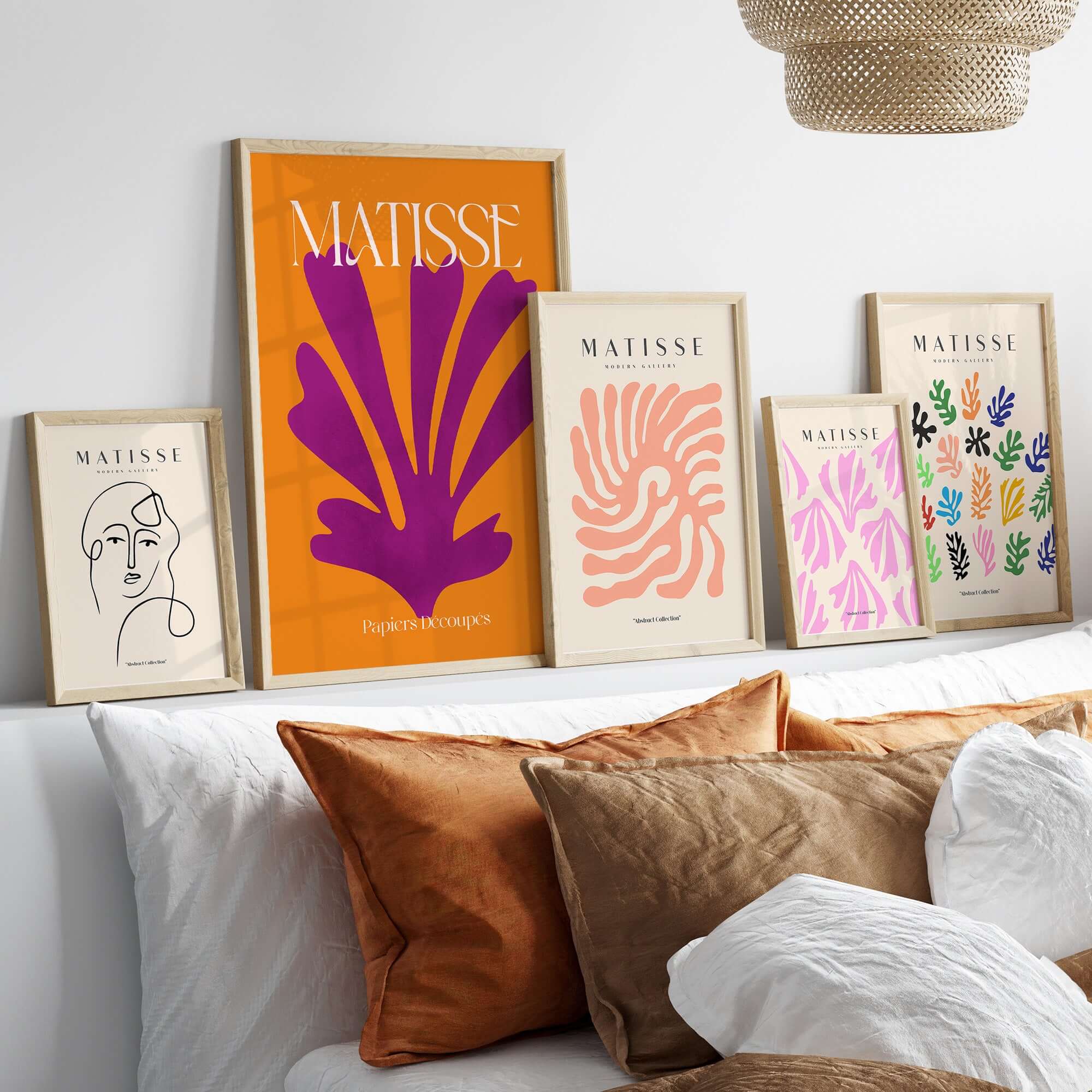 Matisse Papiers Découpés Purple Cut Out on Orange Background Abstract Art Print displayed elegantly in a modern living room.
