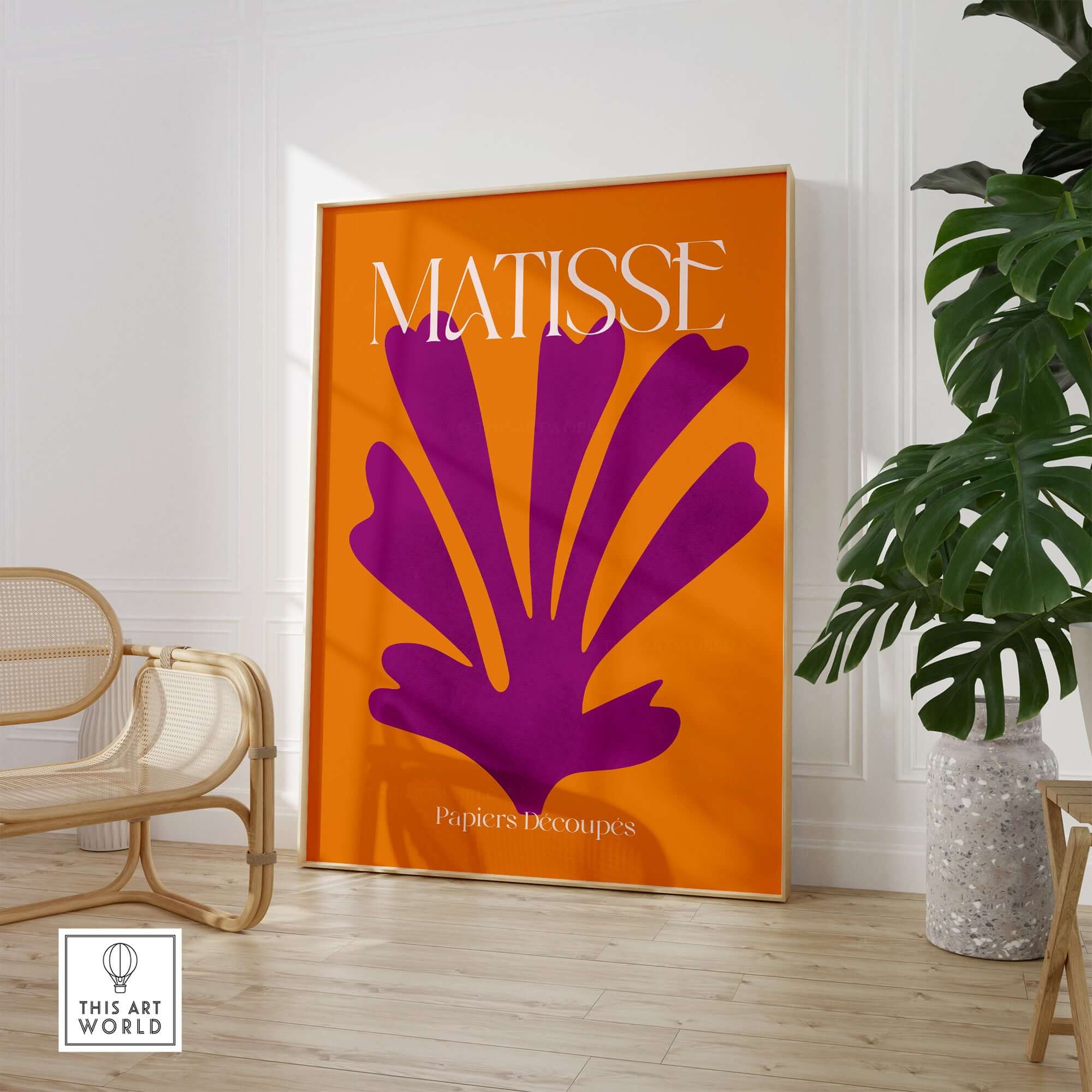Matisse Papiers Découpés Purple Cut Out on Orange Background Abstract Art Print showcasing vibrant abstract design.