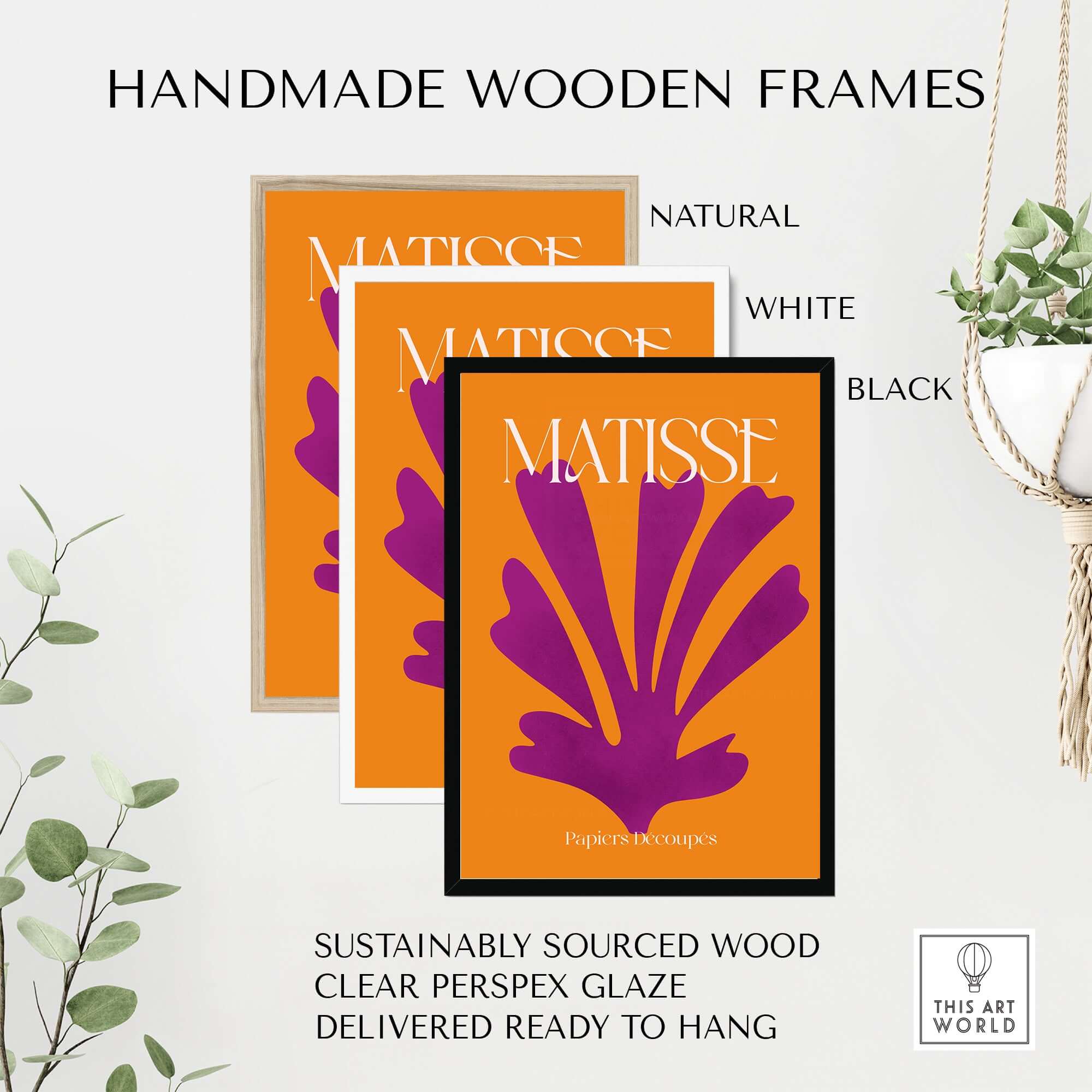 Matisse Papiers Découpés Purple Cut Out on Orange Background Abstract Art Print in handmade wooden frames.