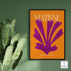 Matisse Papiers Découpés Purple Cut Out on Orange Background Abstract Art Print featuring bold shapes and modern design.