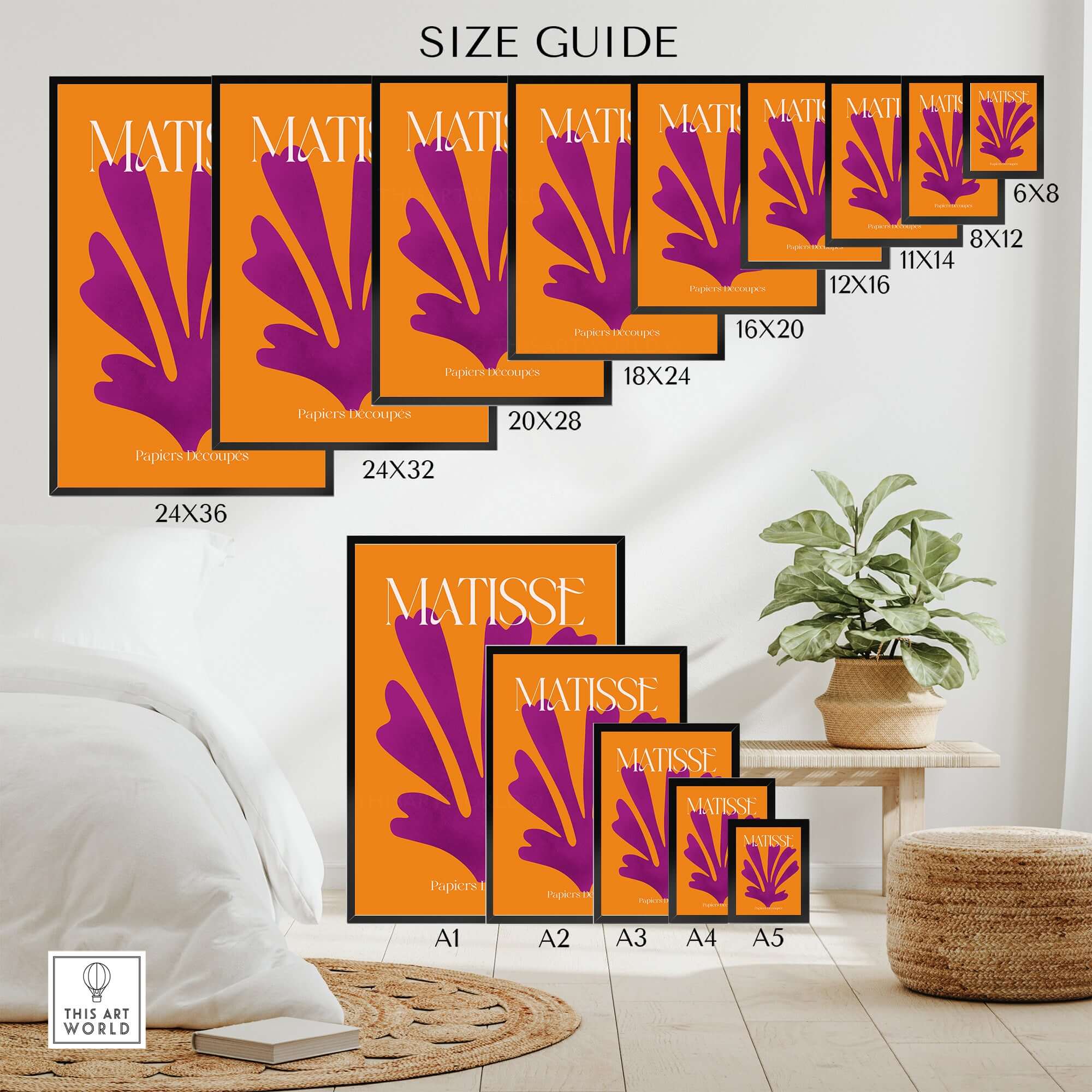 Matisse Papiers Découpés Purple Cut Out on Orange Background Abstract Art Print size guide with various dimensions.