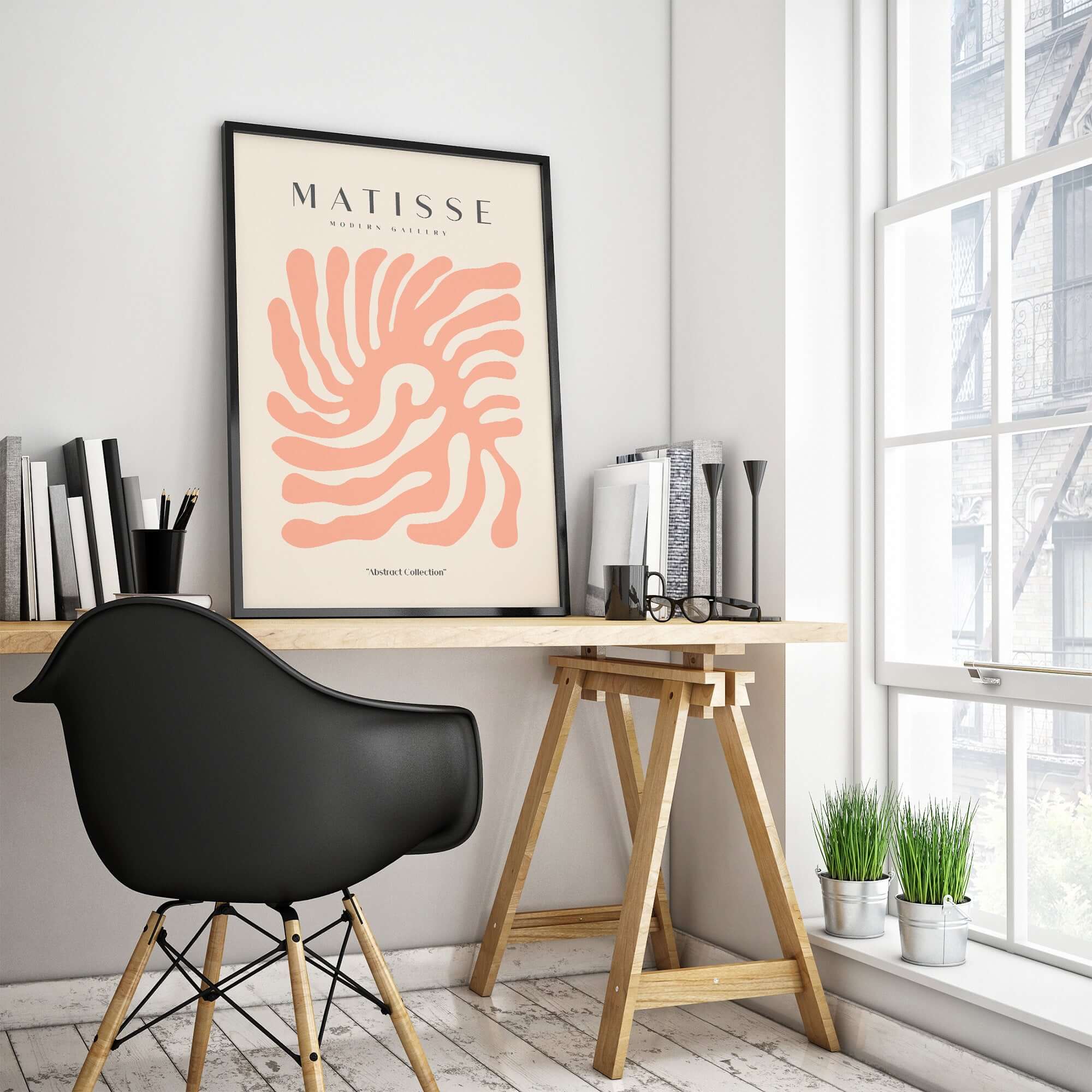 Matisse Art Prints - Peach Coral Swirl Abstract Poster displayed in a modern workspace with a black chair and natural light.