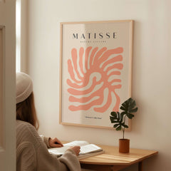 Matisse Art Prints - Peach Coral Swirl Abstract Poster displayed on wall, featuring organic patterns in peach hues.