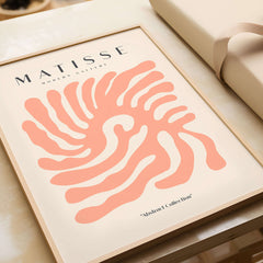 Matisse Art Prints - Peach Coral Swirl Abstract Poster showcasing a swirling peach design against a beige background.