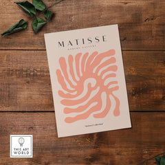 Matisse Art Prints - Peach Coral Swirl Abstract Poster featuring swirling peach design on beige background.