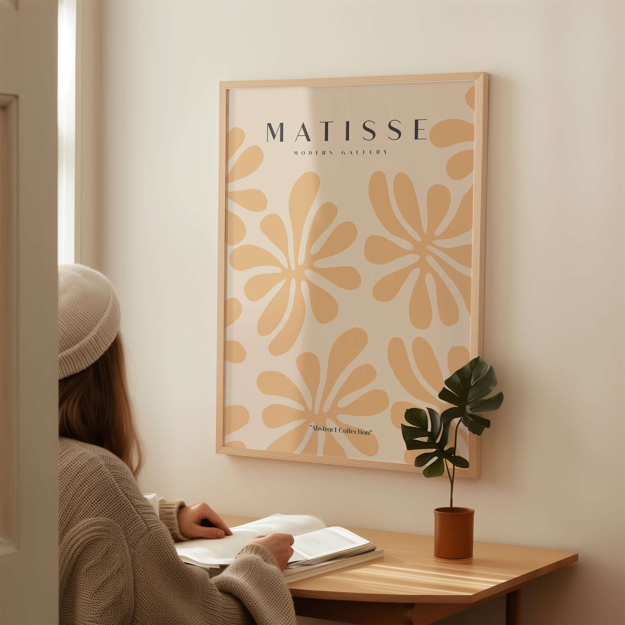 Matisse Art Prints - Peach Floral Abstract Pattern Print displayed on a wall in a cozy interior setting.