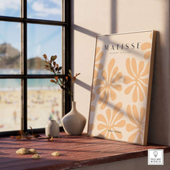 Matisse Art Prints - Peach Floral Abstract Pattern Print displayed in a sunny room near a window with beach view.