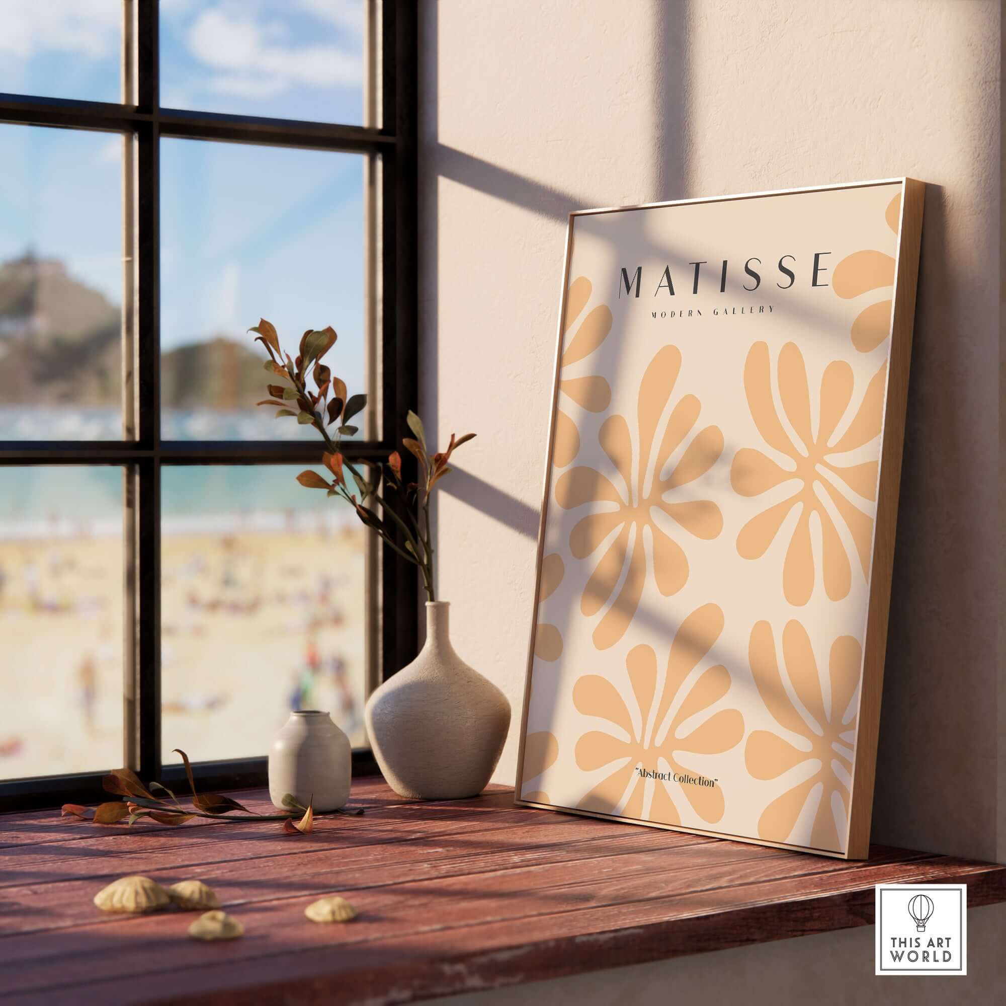 Matisse Art Prints - Peach Floral Abstract Pattern Print displayed in a sunny room near a window with beach view.
