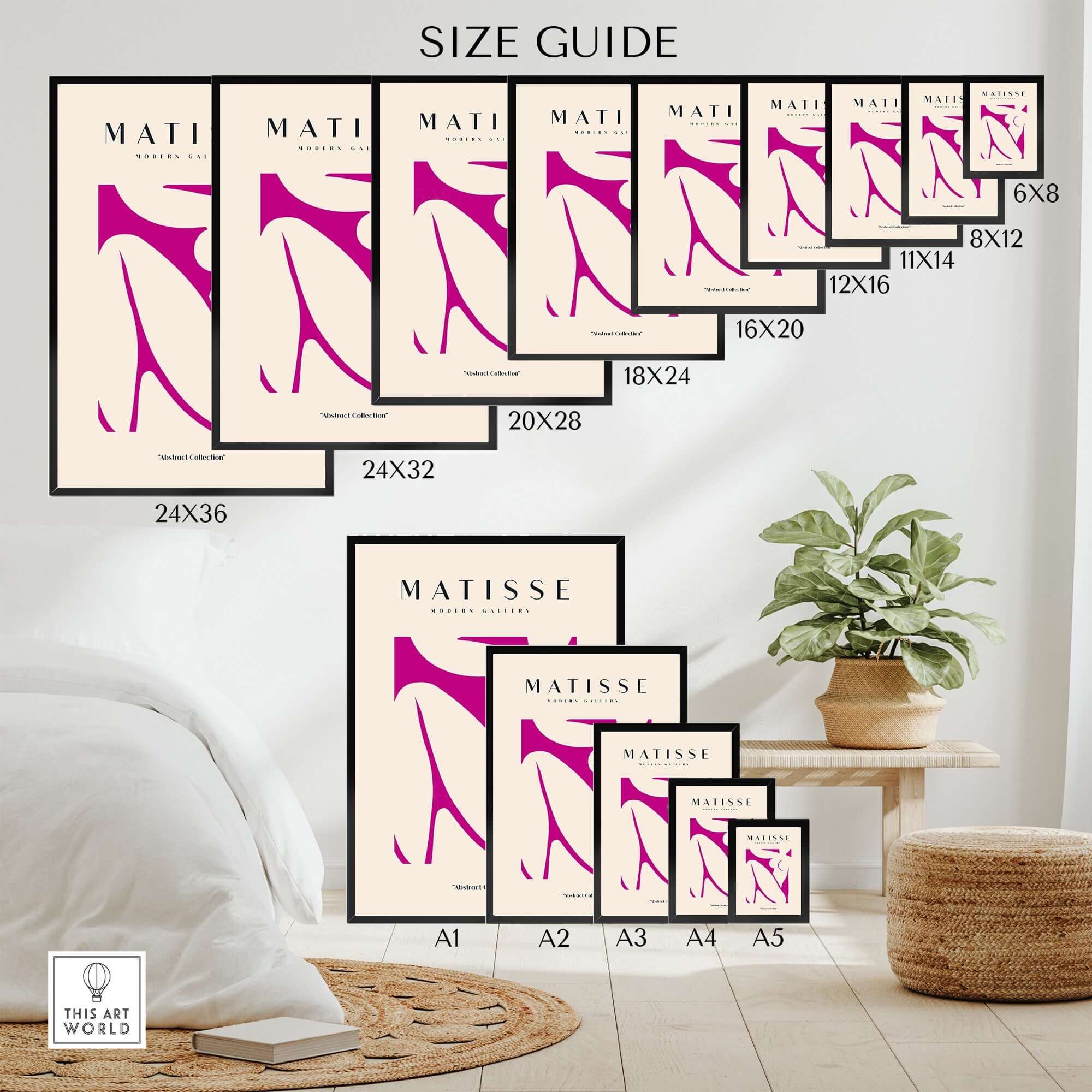 Matisse Art Prints - Pink Abstract Nude Figure Art Print size guide showing various frame sizes for wall art decor.