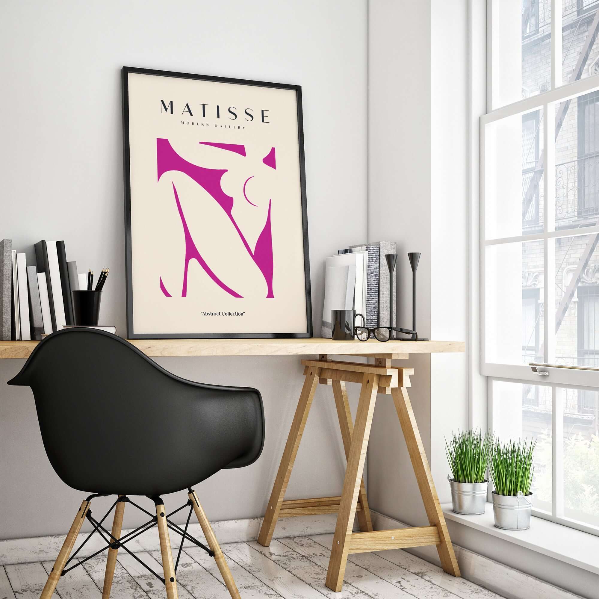 Matisse Art Prints - Pink Abstract Nude Figure Art Print displayed in a chic modern workspace with stylish decor.