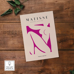 Matisse Art Prints - Pink Abstract Nude Figure Art Print showcasing a vibrant magenta silhouette on a beige background.