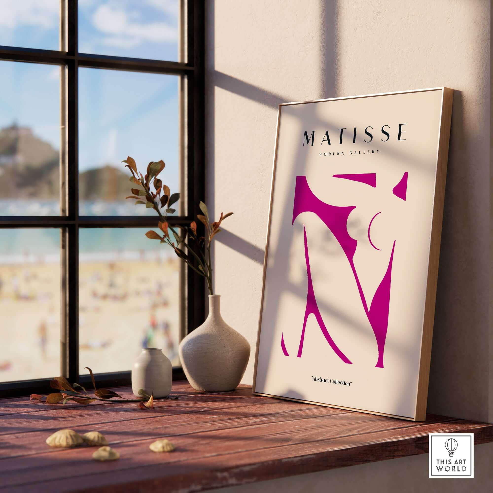 Matisse Art Prints - Pink Abstract Nude Figure Art Print displayed in a modern interior by a window with beach view.