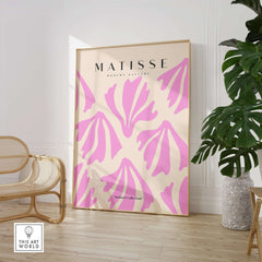 Matisse Art Prints - Pink Abstract Shapes Pattern Poster displayed in a modern interior with a stylish chair.