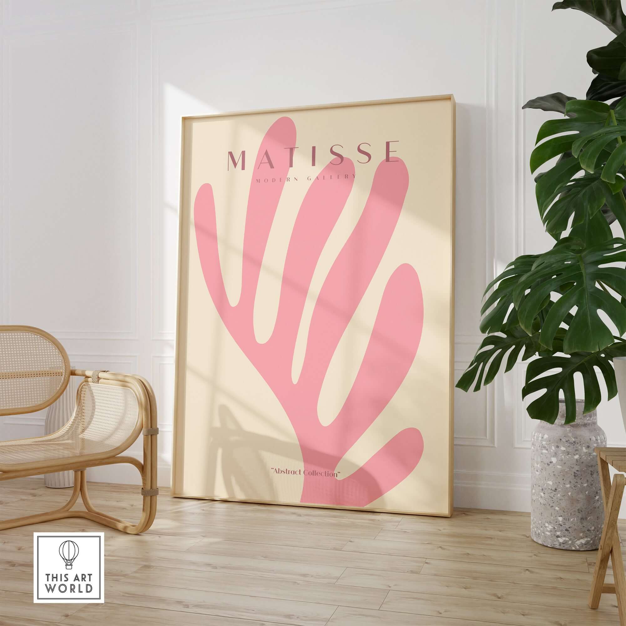 Matisse Art Prints -    Pink Coral Leaf Abstract Botanical Poster displayed in a minimalist interior setting.