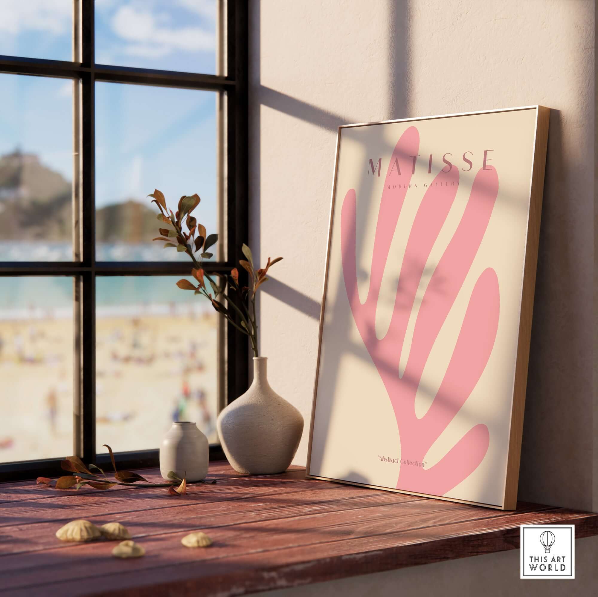 Matisse Art Prints - Pink Coral Leaf Abstract Botanical Poster displayed in a sunlit room with beach view.