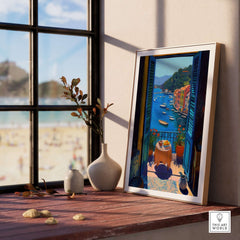 Matisse Portofino Balcony Art Print | Italian Harbour Village Poster displayed in a sunny interior with coastal view.