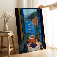 Matisse Portofino Balcony Art Print | Italian Harbour Village Poster featuring a vibrant harbor view.