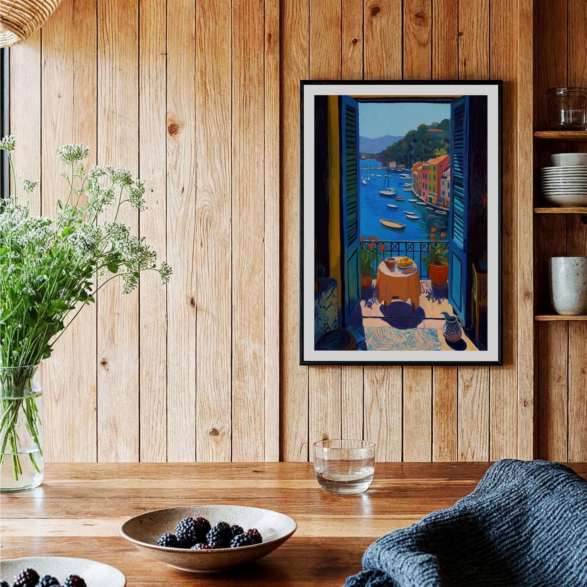 Matisse Portofino Balcony Art Print | Italian Harbour Village Poster displayed in a cozy interior setting with wood accents.