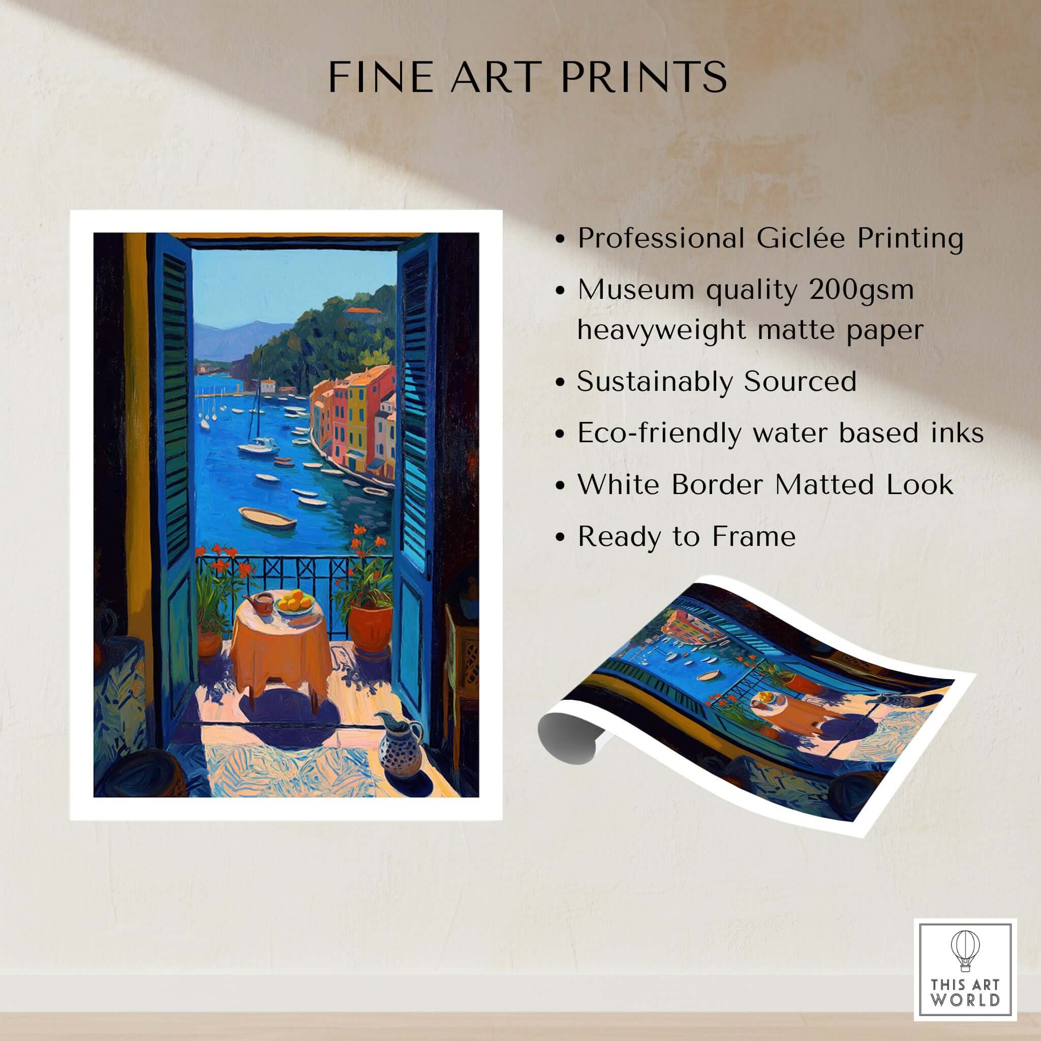 Matisse Portofino Balcony Art Print | Italian Harbour Village Poster displayed with details on print quality and features.