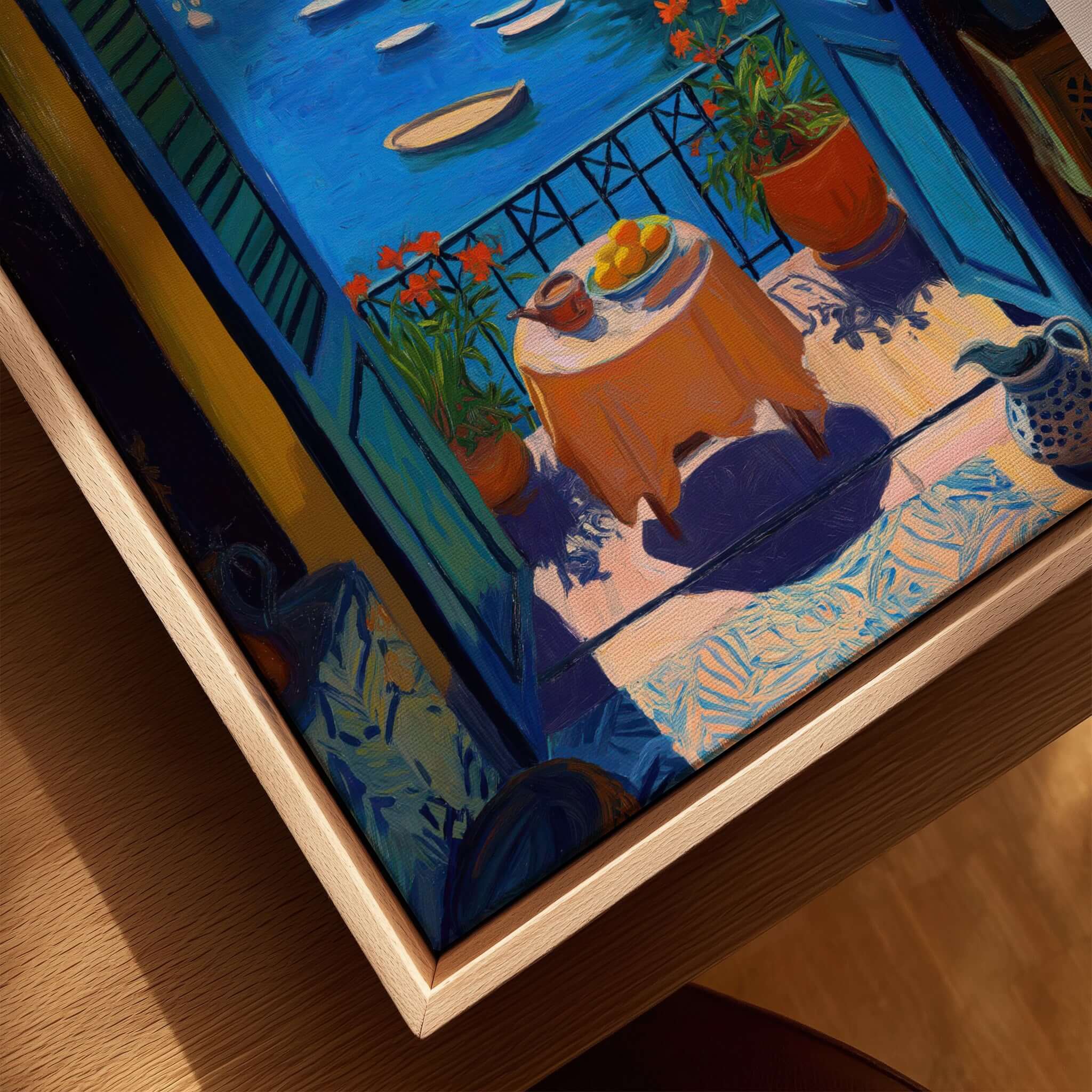 Matisse Portofino Balcony Art Print | Italian Harbour Village Poster featuring vibrant balcony view and scenic harbor.