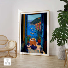 Matisse Portofino Balcony Art Print | Italian Harbour Village Poster in a modern living room setting.