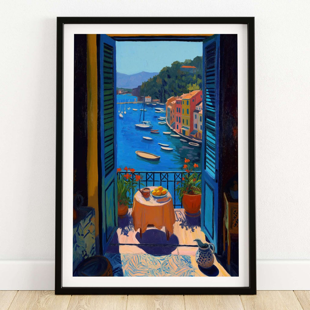Matisse Portofino Balcony Art Print | Italian Harbour Village Poster featuring a seaside balcony view.