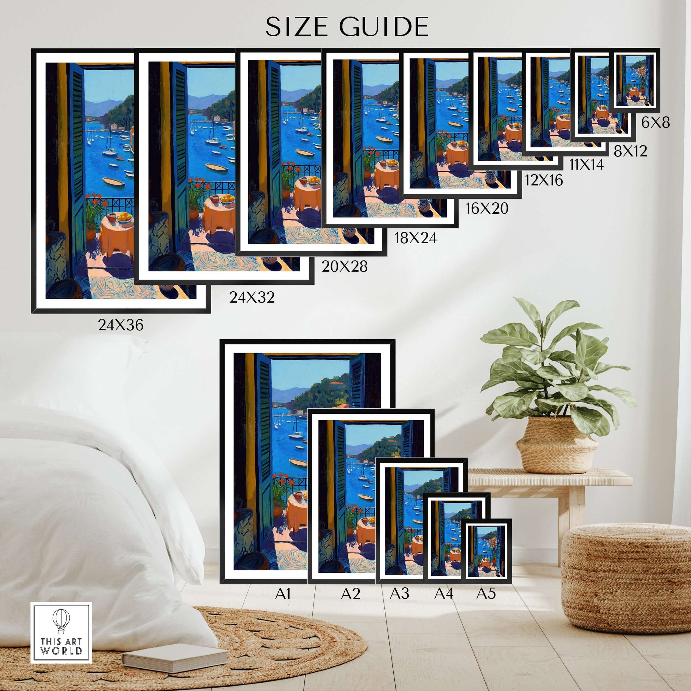 Matisse Portofino Balcony Art Print | Italian Harbour Village Poster size guide showcasing various frame sizes.