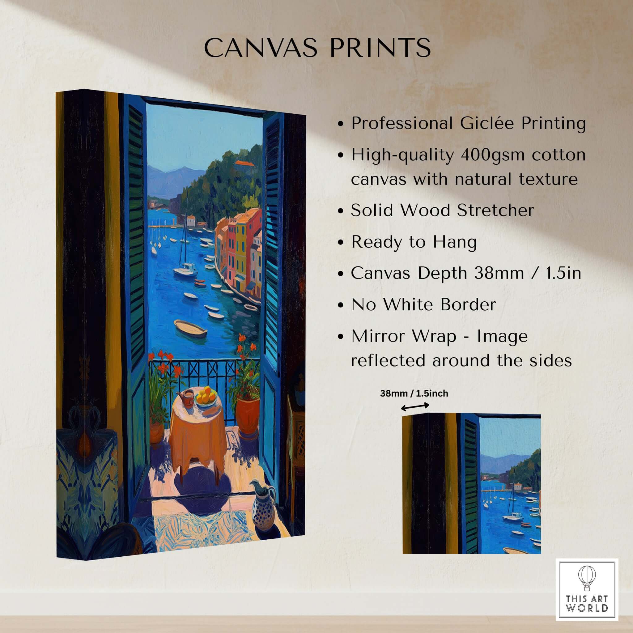 Matisse Portofino Balcony Art Print | Italian Harbour Village Poster showcasing vibrant harbor view with colorful boats.