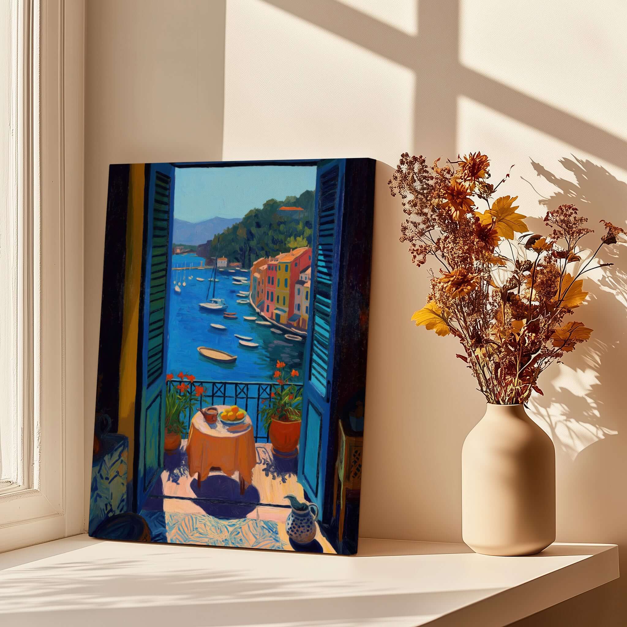 Matisse Portofino Balcony Art Print | Italian Harbour Village Poster displayed in a sunlit room with a vase of flowers.
