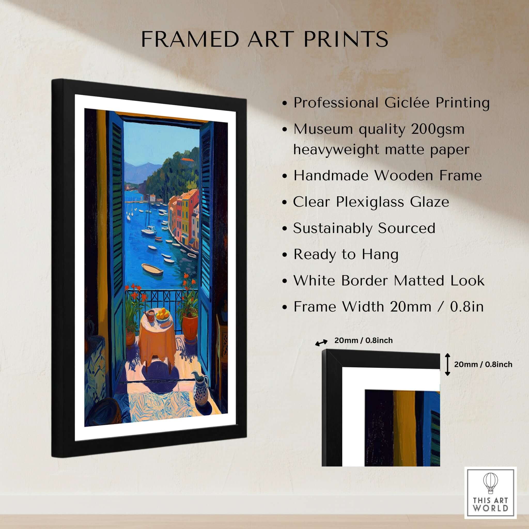Matisse Portofino Balcony Art Print | Italian Harbour Village Poster framed art print with black wooden frame.