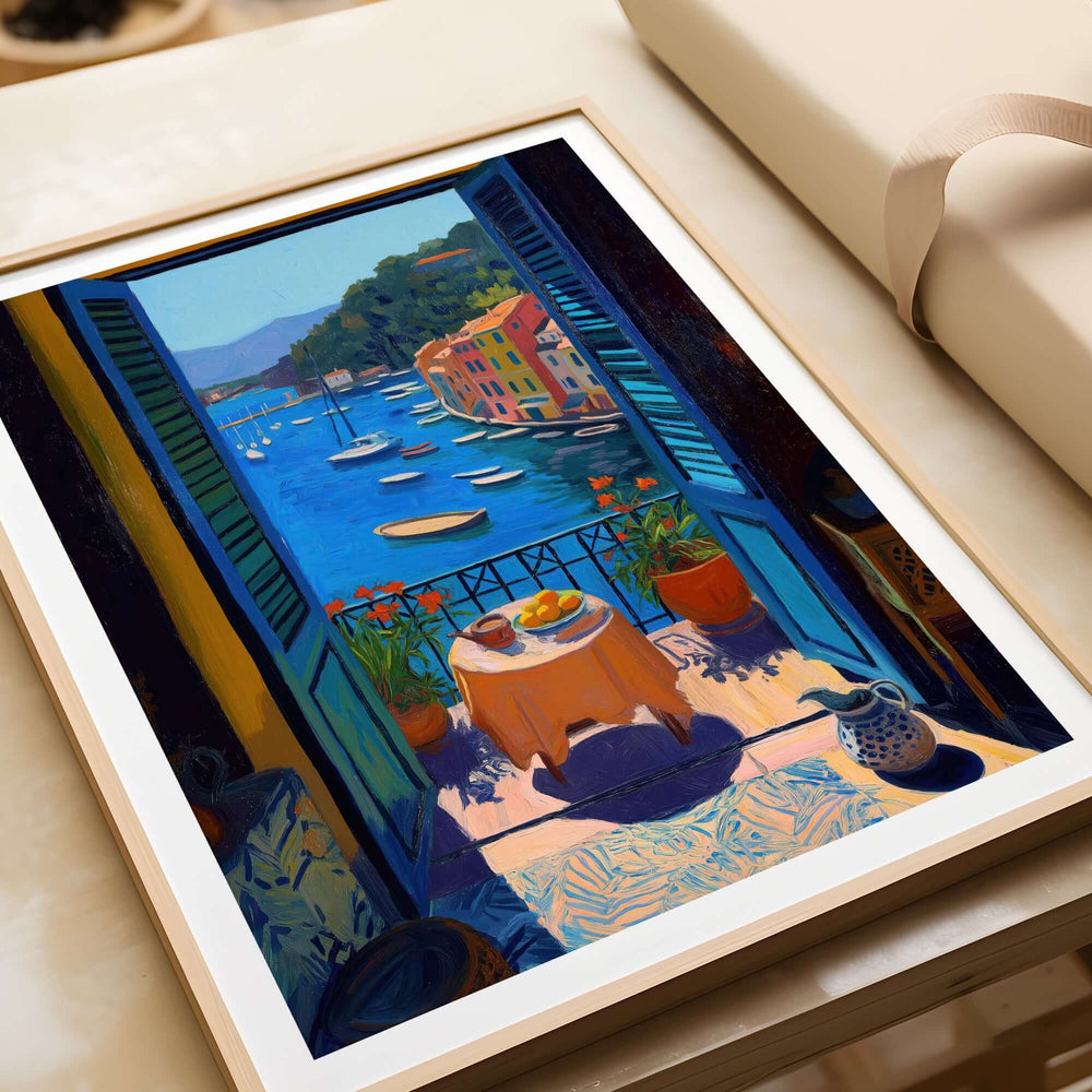 Matisse Portofino Balcony Art Print | Italian Harbour Village Poster featuring a vibrant view of a picturesque harbor.