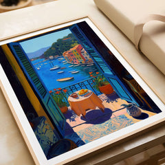 Matisse Portofino Balcony Art Print | Italian Harbour Village Poster featuring a vibrant view of a picturesque harbor.
