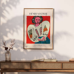 Matisse Poster - La Blouse Roumaine 1940 Famous Art Print featuring bold lines and a vibrant red background.