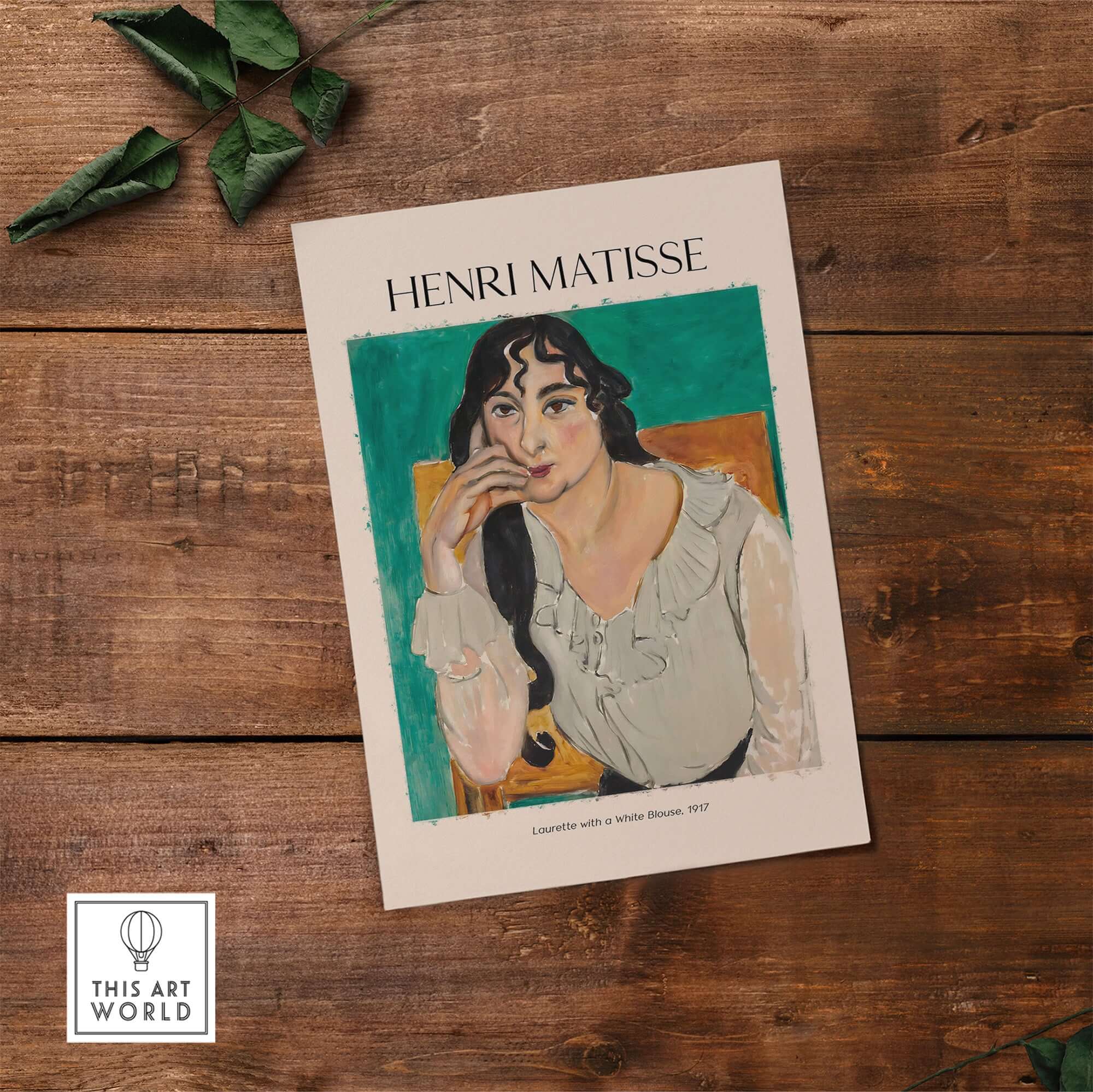 Matisse Poster  - Laurette with a White Blouse 1917 Art Print featuring a woman in contemplation against a green background.