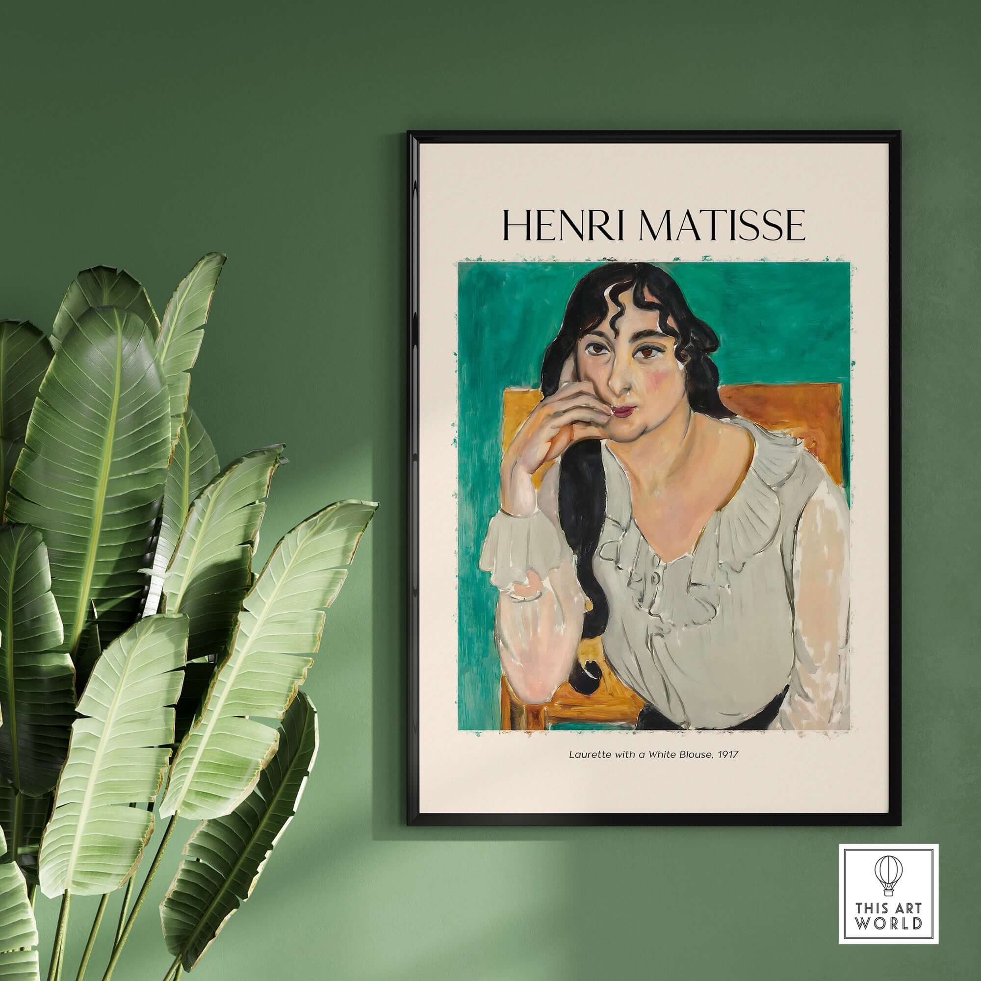 Matisse Poster  - Laurette with a White Blouse 1917 Art Print displayed against a green wall.