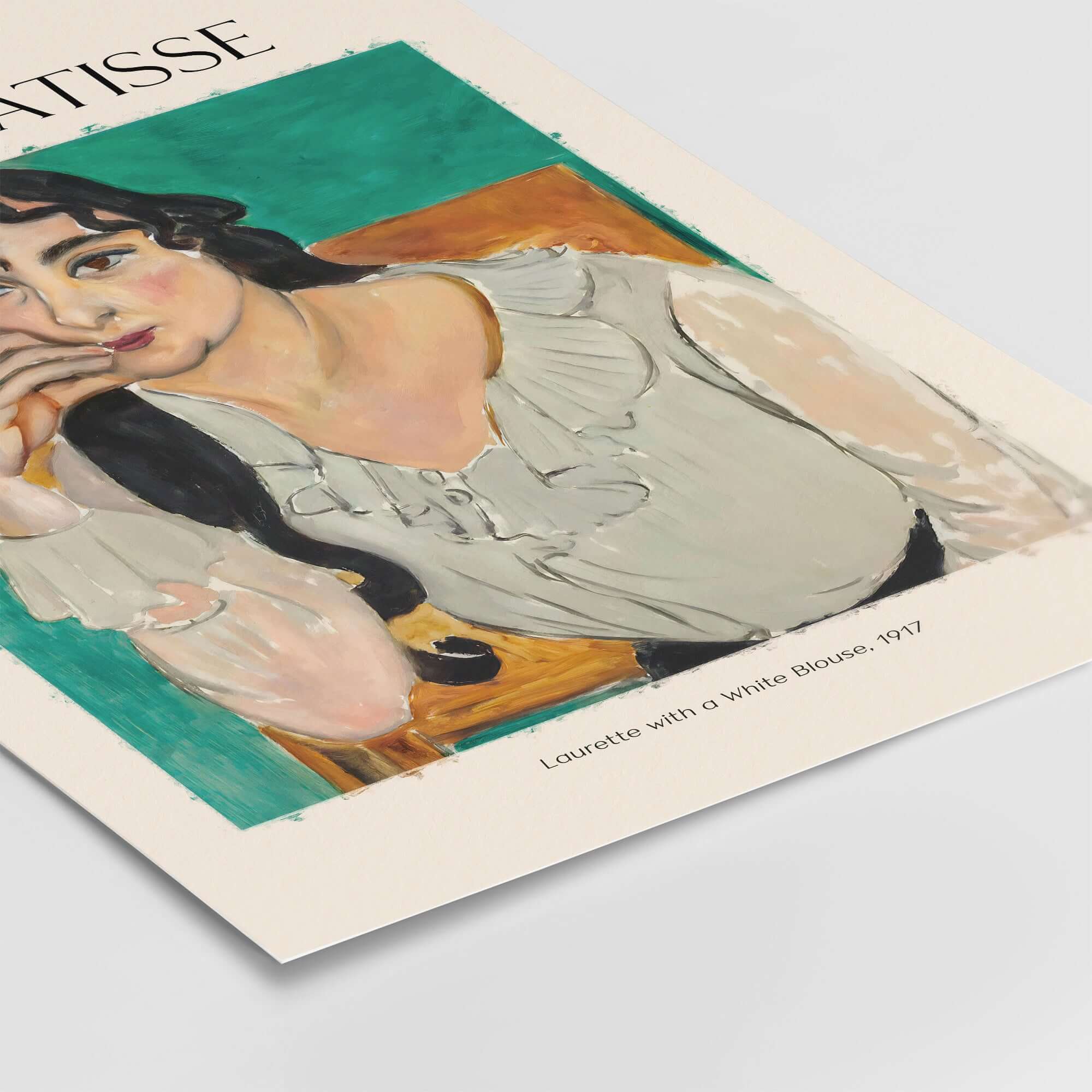 Matisse Poster  - Laurette with a White Blouse 1917 Art Print showcasing a woman in a white blouse with a green background.