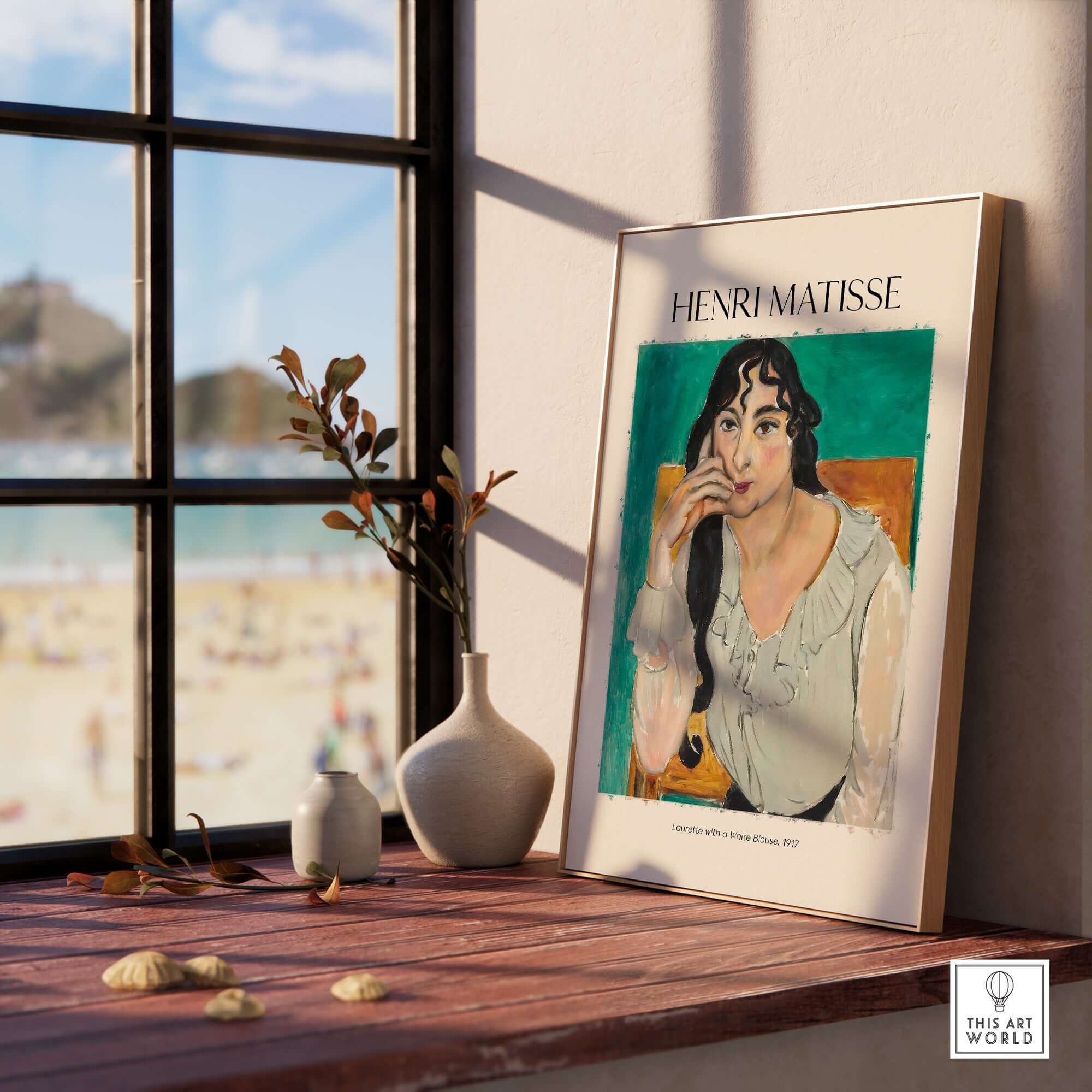 Matisse Poster - Laurette with a White Blouse 1917 Art Print displayed on a wooden shelf near a window.