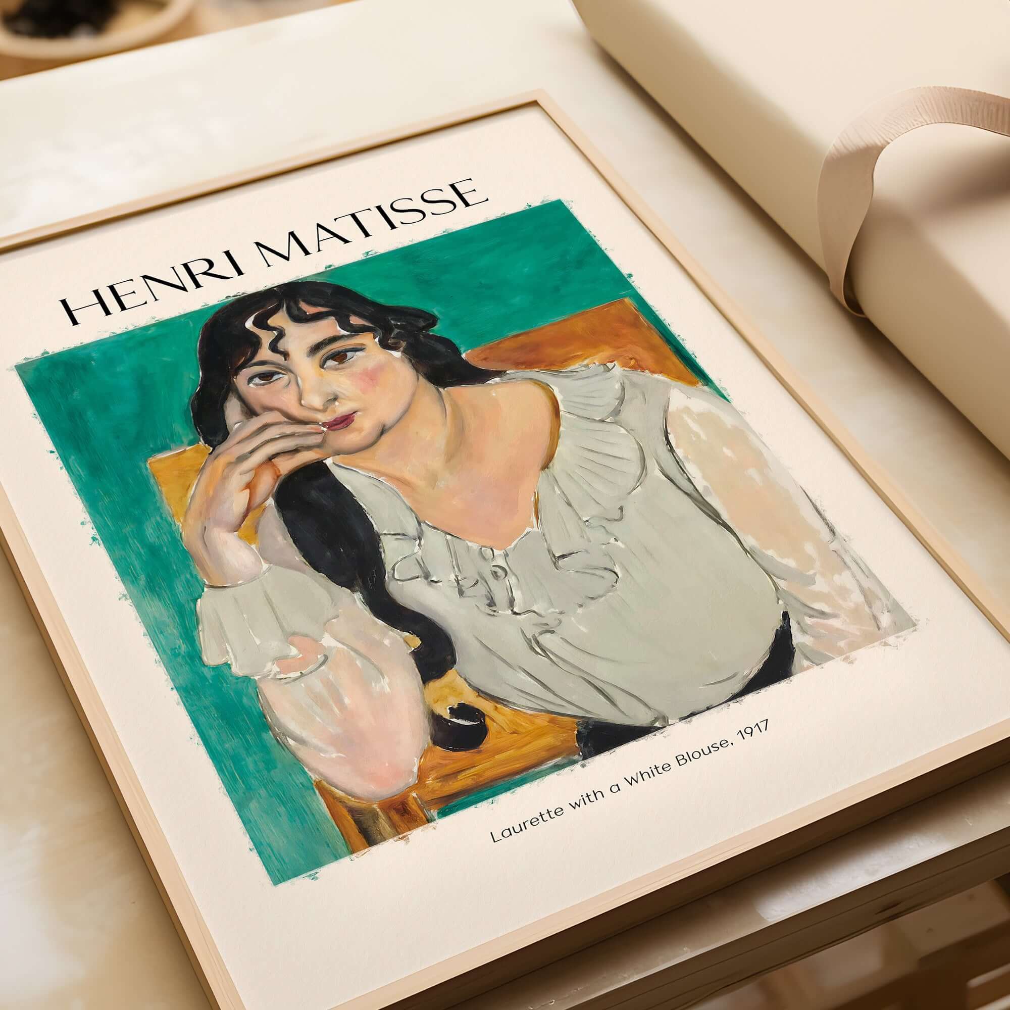 Matisse Poster - Laurette with a White Blouse 1917 Art Print featuring a woman in a white blouse against a green background.