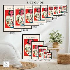 Matisse Poster - La Blouse Roumaine 1940 Famous Art Print size guide with various frame sizes and decor setup.