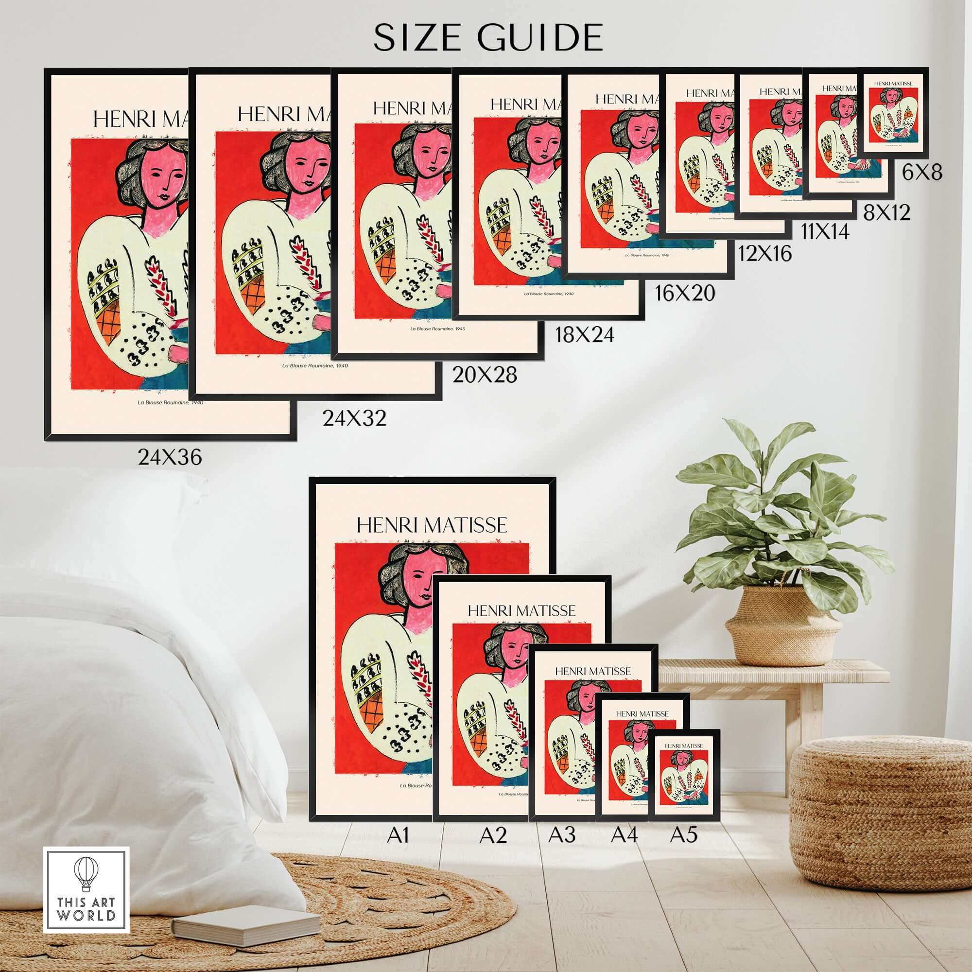 Matisse Poster - La Blouse Roumaine 1940 Famous Art Print size guide with various frame sizes and decor setup.