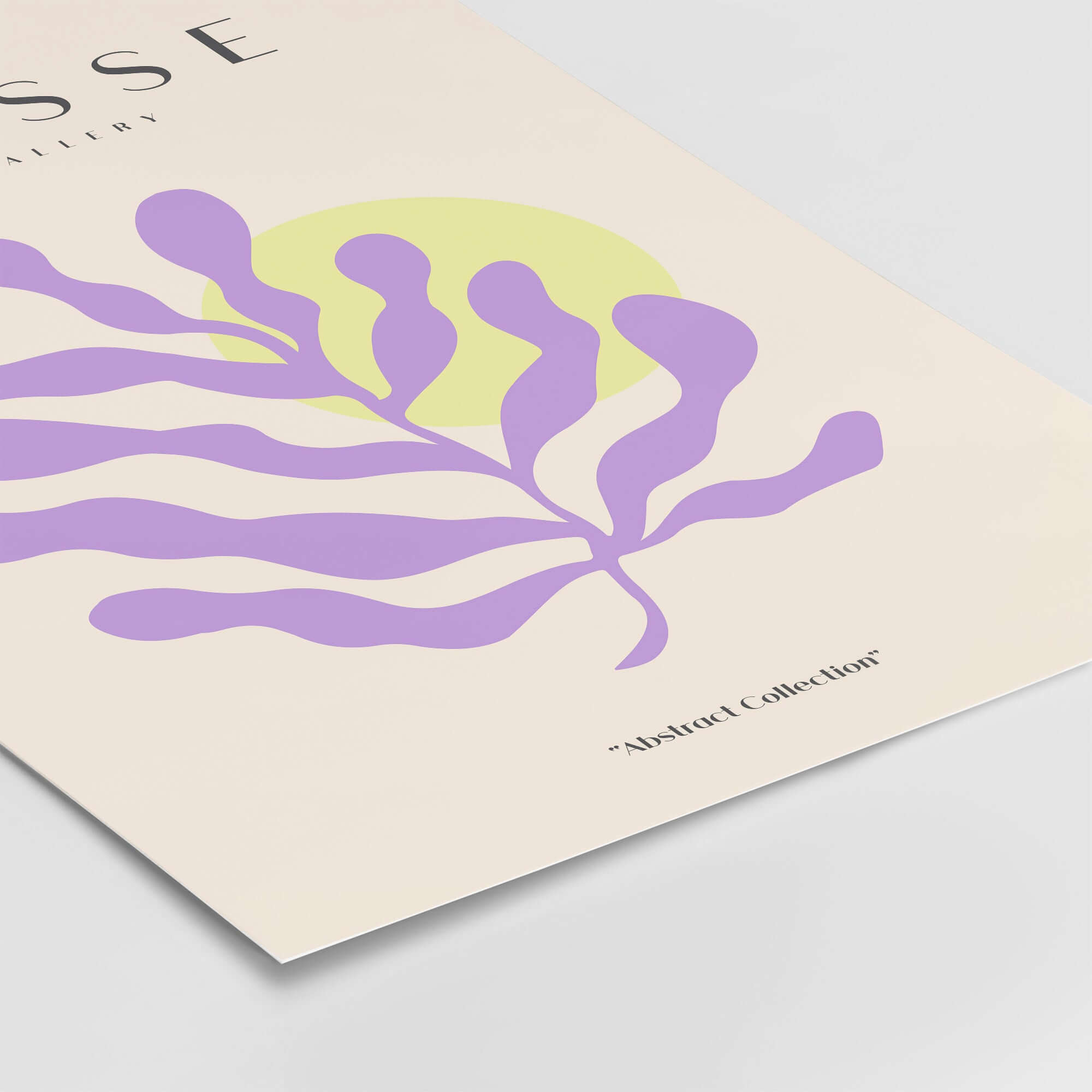 Matisse Art Prints - Purple Botanical Abstract Poster featuring a vibrant purple botanical shape and soft yellow circle.