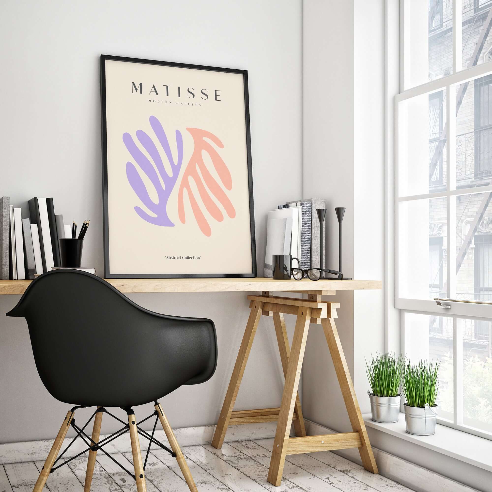 Matisse Art Prints - Purple Peach Abstract Leaves Poster displayed in a modern workspace with a stylish chair and plants.