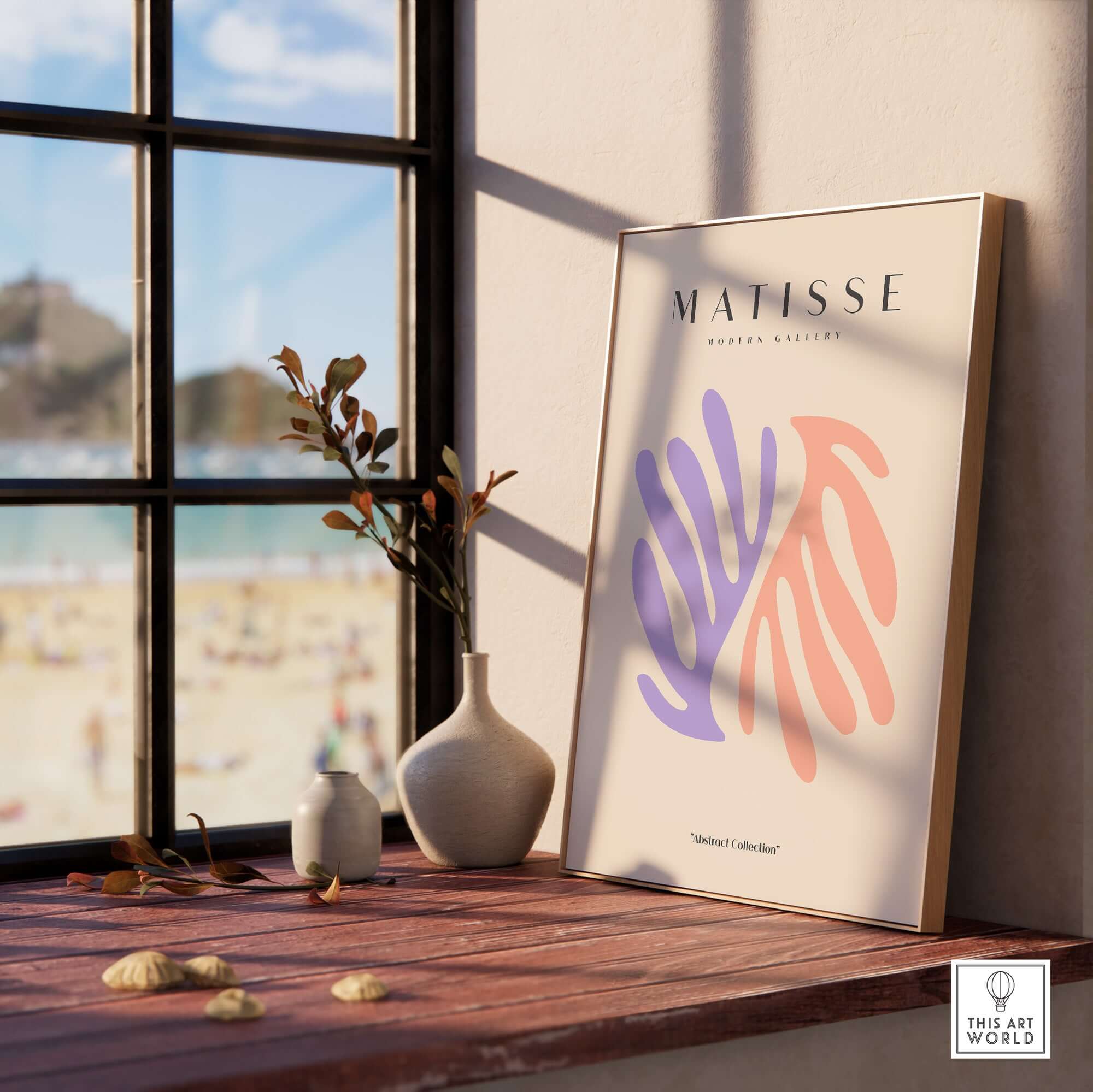 Matisse Art Prints - Purple Peach Abstract Leaves Poster displayed in a modern interior with beach view.