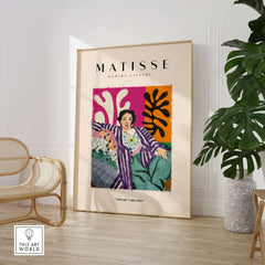 Matisse Art Prints - Reclining Woman Striped Robe Abstract Print displayed in a modern gallery setting.