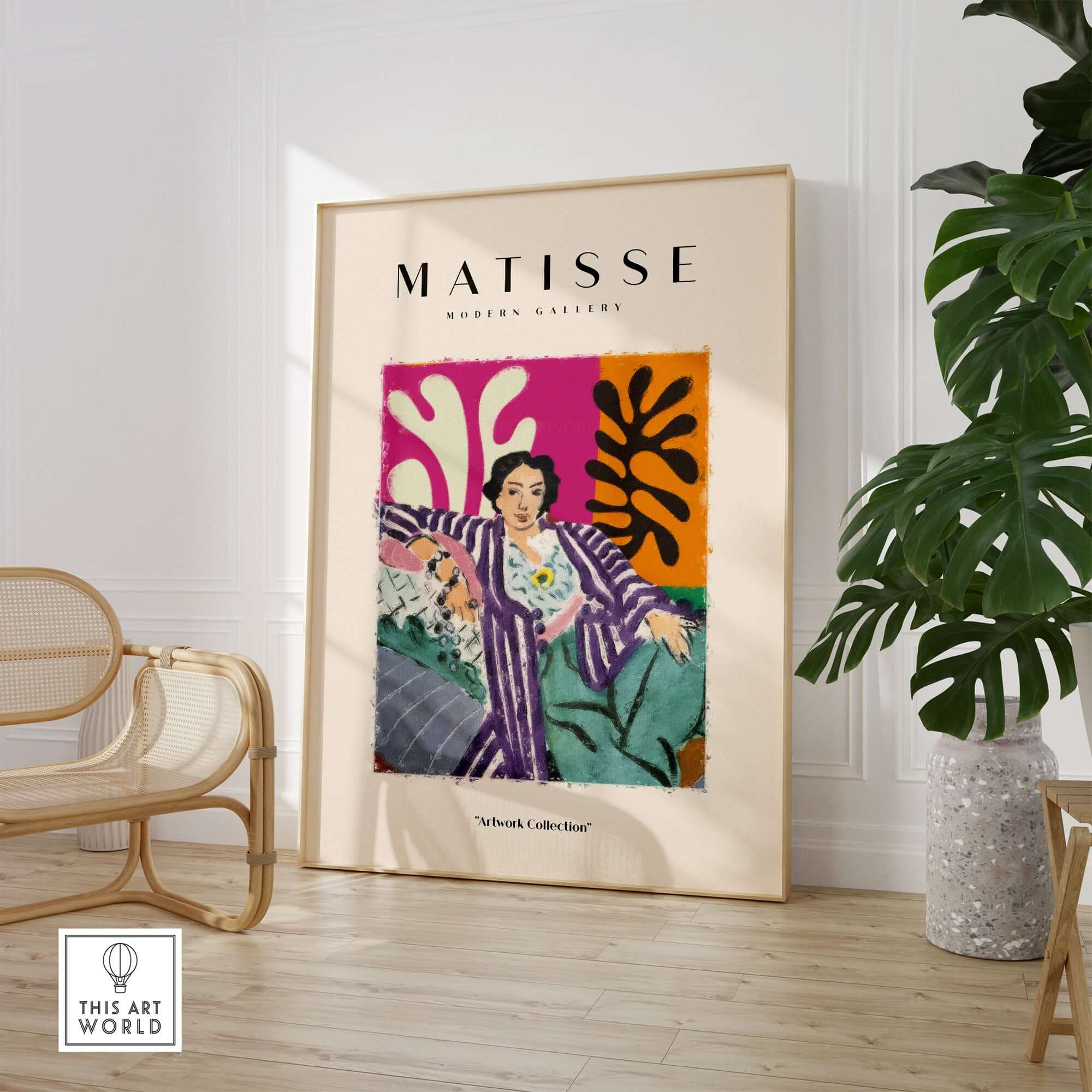 Matisse Art Prints - Reclining Woman Striped Robe Abstract Print displayed in a modern gallery setting.