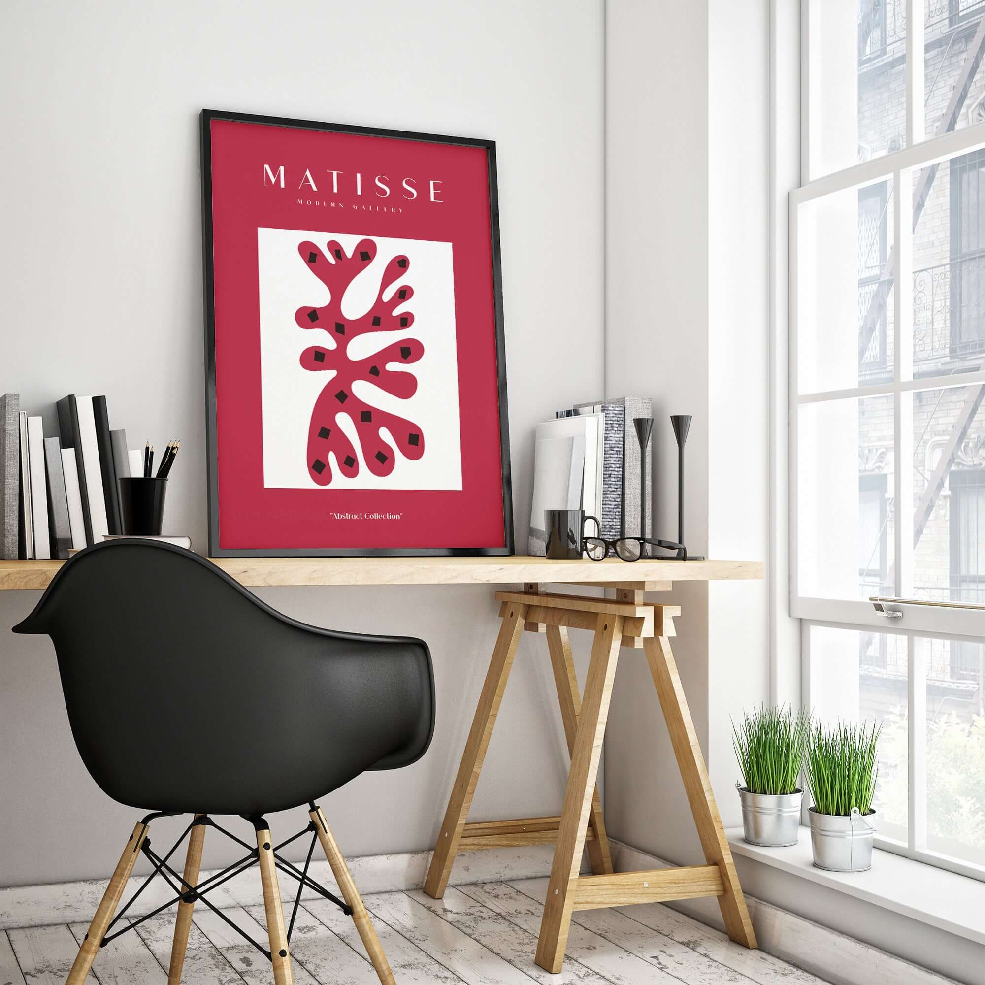 Matisse Art Prints - Red Coral Abstract Black Diamonds Poster displayed in a modern workspace with stylish furniture.