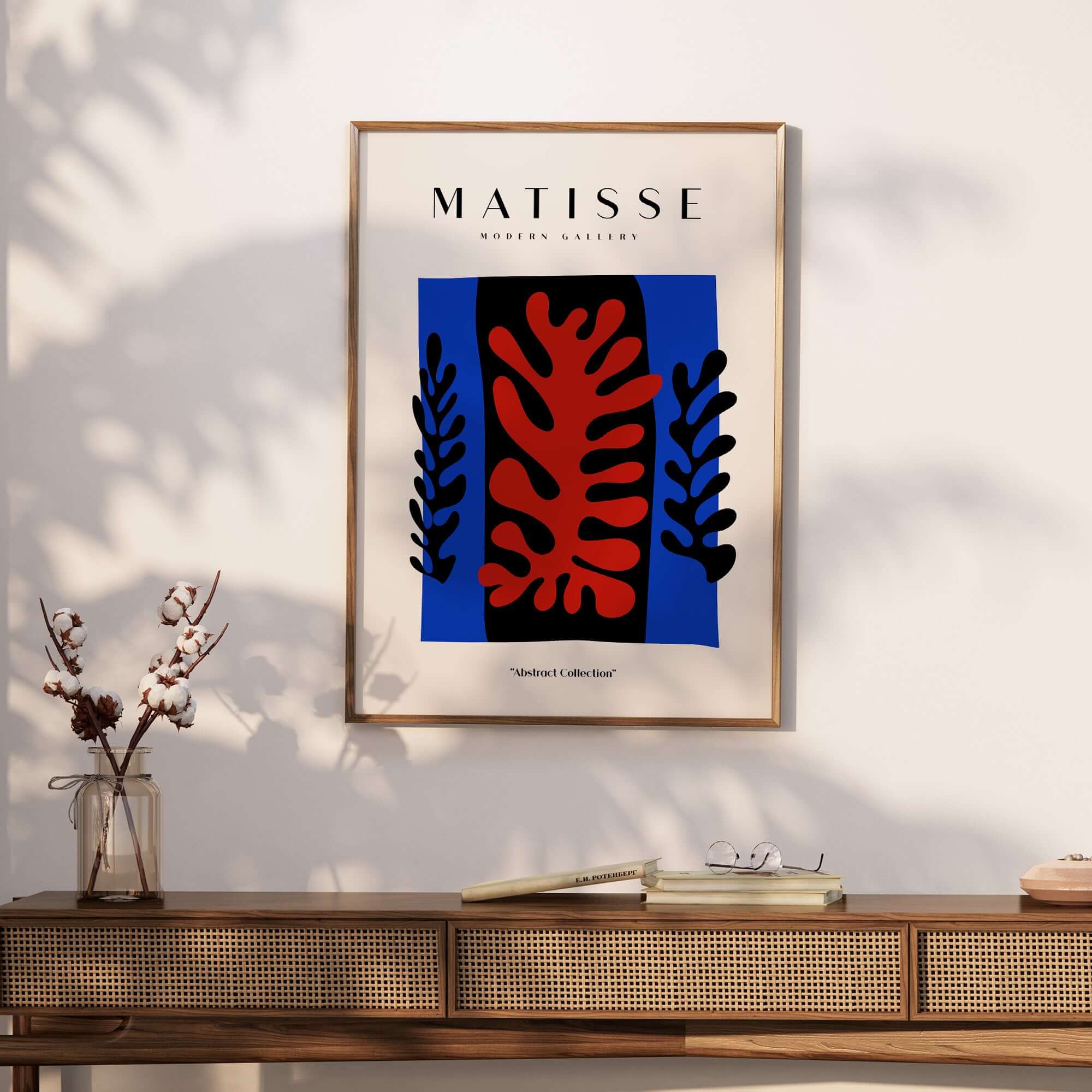 Matisse Art Prints -  Red Coral Black Leaves Blue Frame Poster displayed in modern decor.