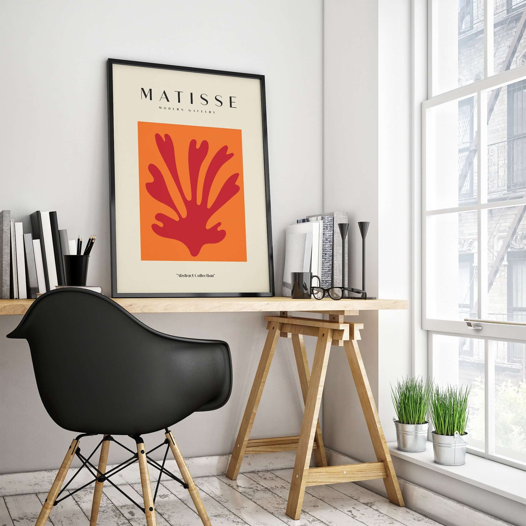 Matisse Art Prints - Red Leaf Abstract Orange Square Poster displayed in a modern workspace with a stylish chair.